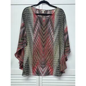 CHICOS Semi-Sheer PONCHO Red / Brown Caftan Top Blouse Artsy Coastal Size L/XL